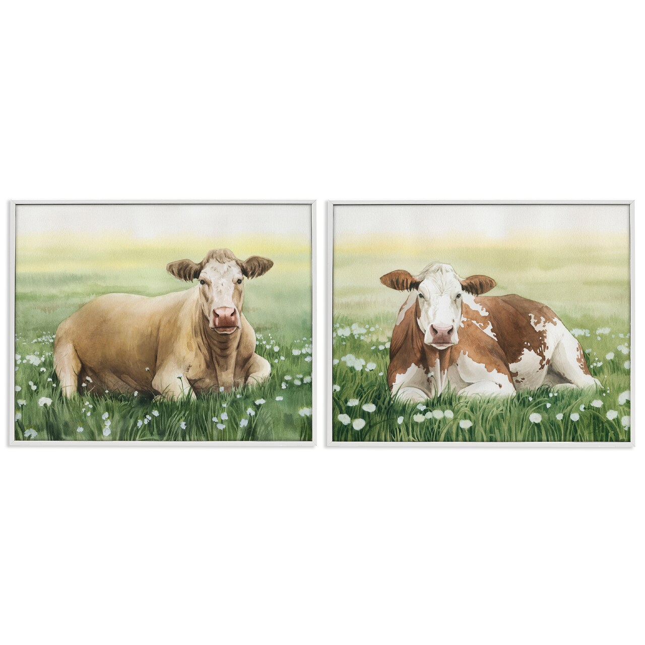 Stupell Industries Cows Resting in Flower Field 2 pc Framed Giclee Wall Art Set Design by Grace Popp
